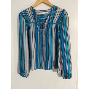 Marie Oliver silk blouse women’s size 8 teal pink stripes career luxury elegant